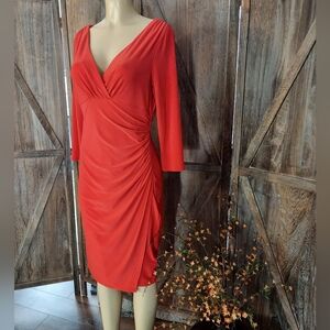 Ralph Lauren Red Ruched Sheath Dress V-Neck 3/4 Sleeve